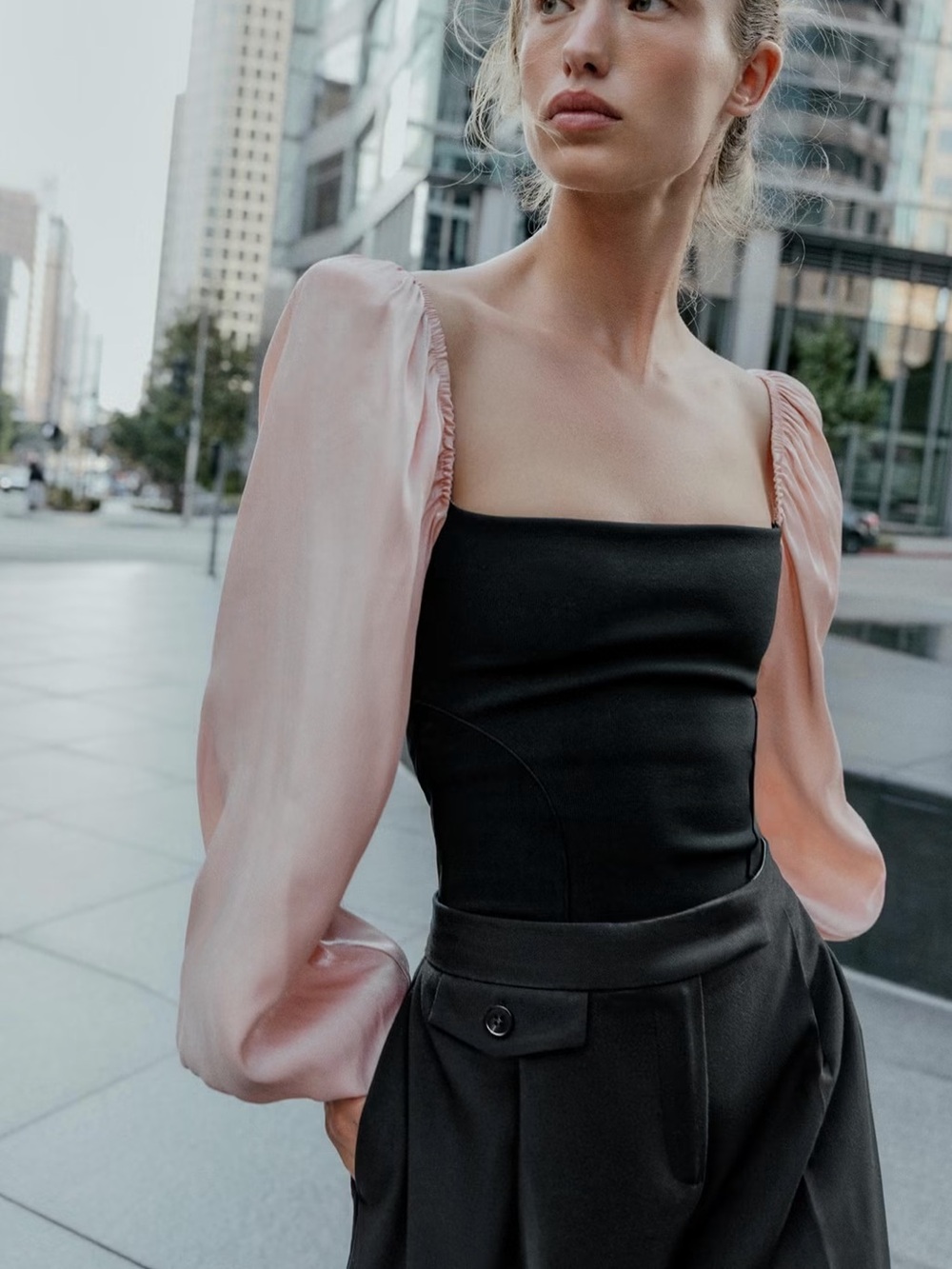 Zara NWT Black Bodysuit Pink Satin Balloon Sleeves Size S 5584/217